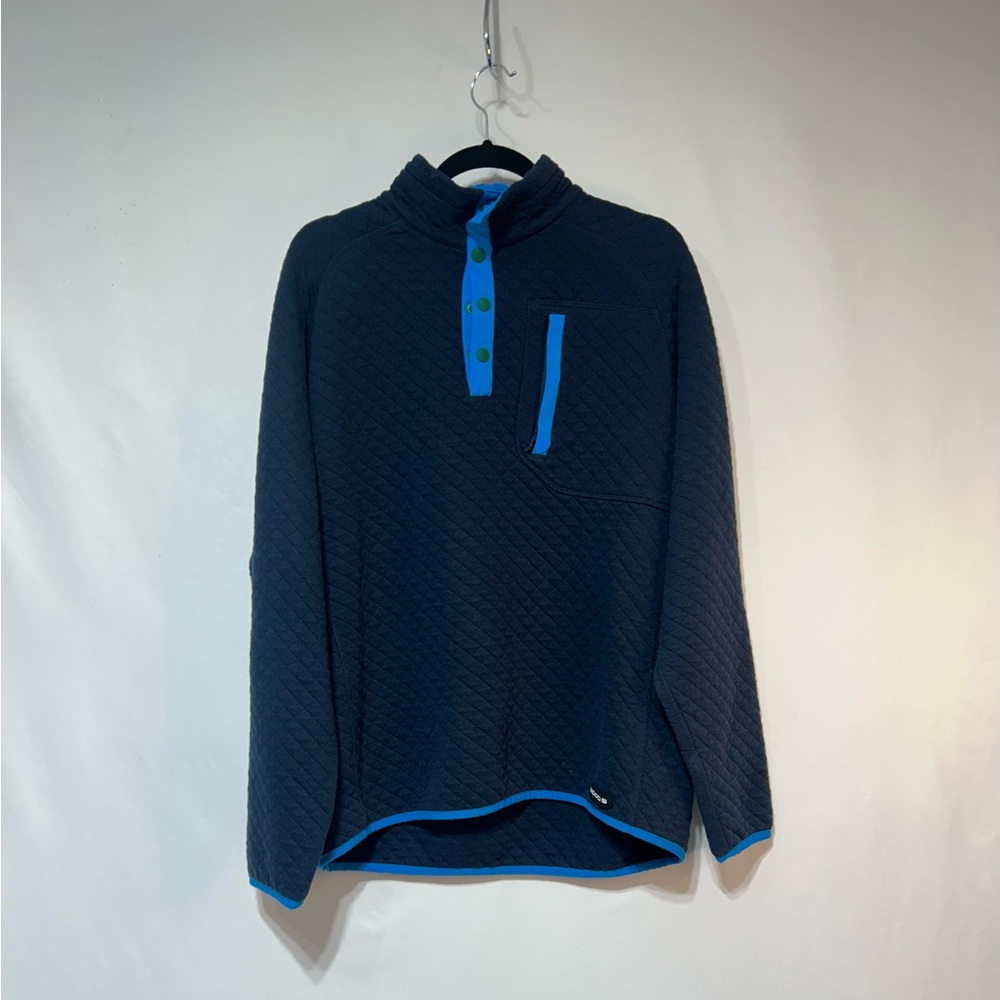 WOODS Navy Quilted Pullover with Blue Trim and elbow patches.
